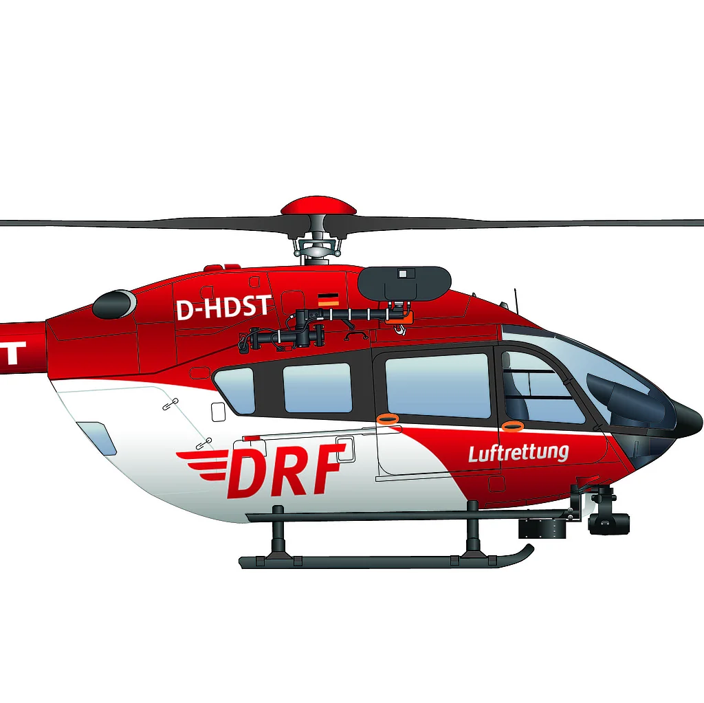 Grafische Darstellung des Hubschraubertyps H145 mit Fünfblattrotor und Rettungswinde von der Seite