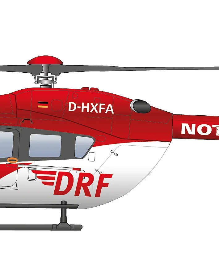 Grafische Darstellung des Hubschraubertyps H145 mit Fünfblattrotor von der Seite